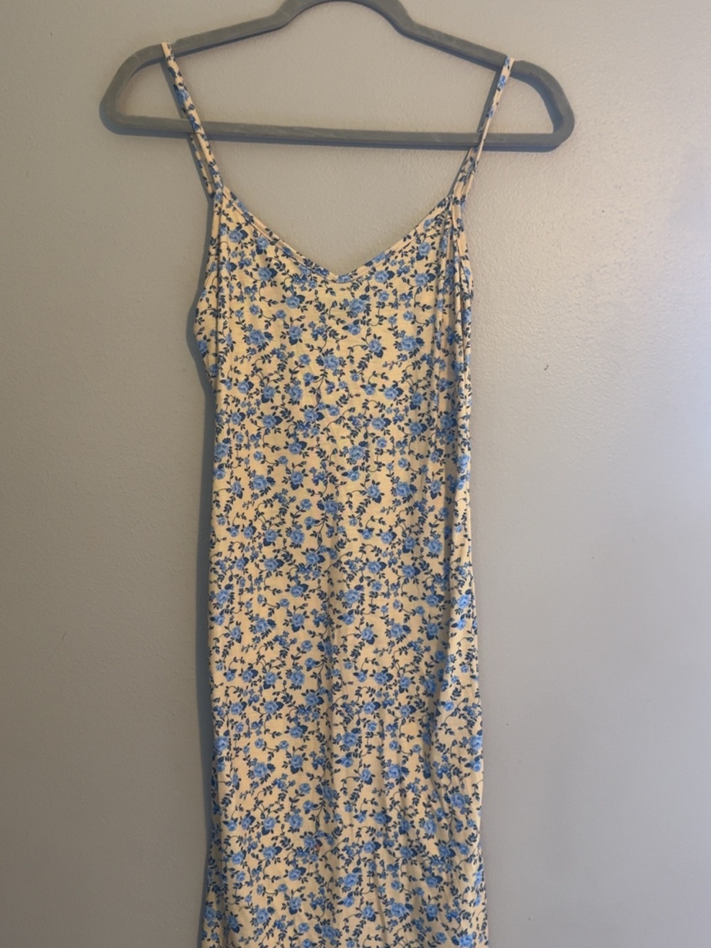 Boohoo Yellow Slip Dress with Blue Floral Print